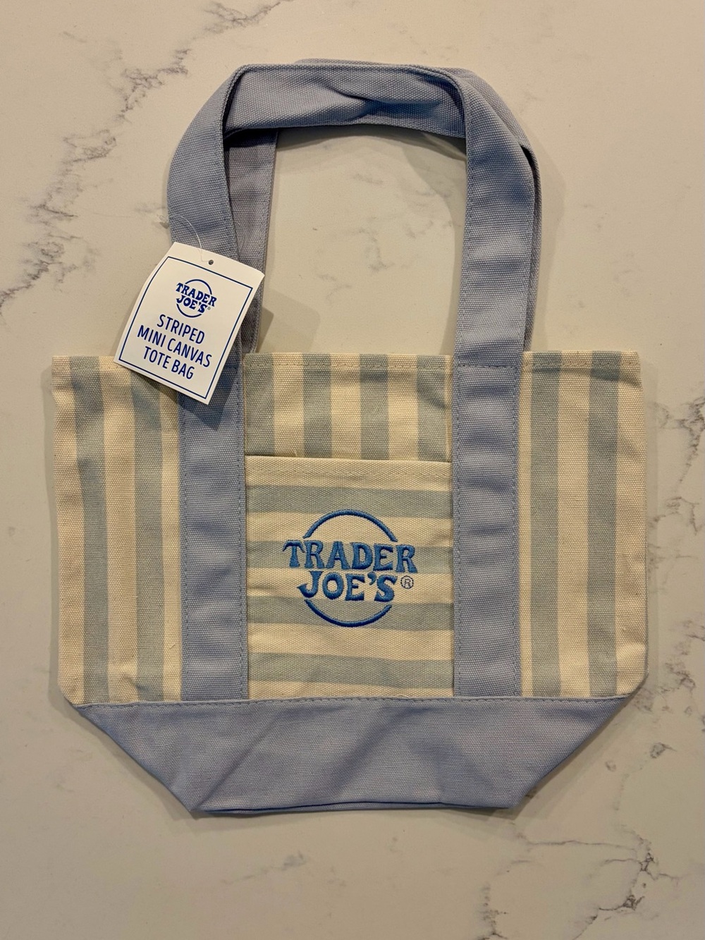 Trader Joe's Cream & Light Blue Striped Canvas Tote Bag